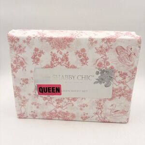 Shabby Chic Queen Sheet Set Pink White Swan Toile Floral 4 Piece Microfiber NEW